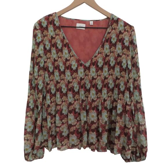 Wilfred Womens Sz M Burgundy Green Floral V Neck Blouse Ruched Front and Back - Picture 1 of 9